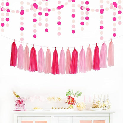 Rose Hot Pink Party Decorations - 23pcs Girl Birthday Baby Shower Tissue Pom Poms Streamers, Bachelorette Bridal Wedding Engagement Supplies Tassel Garland Banner, Favors Decor Ouruola
