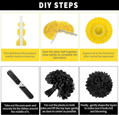 Black and Yellow Party Decorations, 23Pcs Hanging Paper Fans Birthday Decorations with Black Pom Poms Flowers for Boy Birthday, Bridal Shower, Baby Showers, Wedding