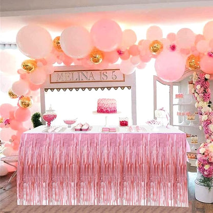 4 Pack 29x108 Inch Metallic Foil Fringe Tinsel Table Skirts for Rectangle Tables Streamer Backdrop for Wedding, Birthday, Parade Floats, Christmas, Halloween Party Decoration(New Rose Gold)