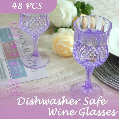 Plastic Wine Glasses，Plastic Goblets Vintage Style Cordial Drinking Glasses for Wedding Reception, Grand Event Party Supplies (48, Purple)