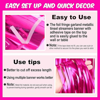 6 Pack 10 Ft Fuchsia Foil Fringe Garland Metallic Streamers Tinsel Banner Wall Hanging Garland Backdrop for Parade Floats, Halloween, Christmas, Thanksgiving, New Year Party Decorations
