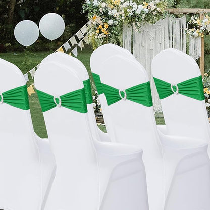 Howhic Pack of 120 Spandex Chair Sashes Bows Stretch Chair Cover Band with Buckle Slider Universal Elastic Chair Ties for Wedding Banquet Party Event Decoration (Emerald)
