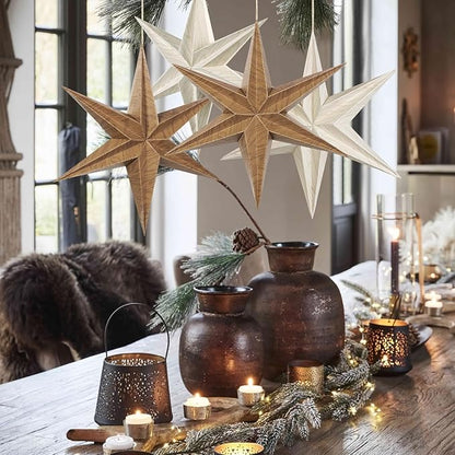 EASY JOY 5 Pcs Wood Grain Paper Star Lanterns 6-Pointed 12 Inch Christmas Hanging Lamp Rustic Paper Decorations Vintage Christmas Home Hanging Decoration for Xmas Tree Wedding Birthday Party Decor