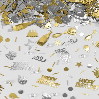 VHUWE Happy Birthday Confetti, 1.6 oz Champagne Gold Silver Cake Balloon Star Goblet Bottle Swirl Glitter Confetti for Boys Girls Kids Women Men Happy Birthday Party Table Decorations Supplies