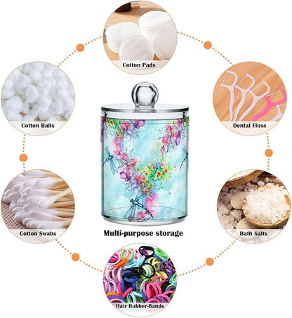 Gredecor Qtip Holder Dispenser 4 Pack Watercolor Flowers Dragonfly Apothecary Jars with Lids Bathroom Vanity Countertop Canister Storage Organizer for Cotton Ball,Swabs,Pads,Floss