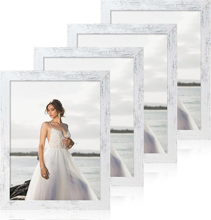 8.5x11 Picture Frame Set of 4, Distressed White Certificate Frame with Real Glass, Wood Photo Frames 8.5 by 11 Diploma Document for Wall Hanging and Tabletop Display