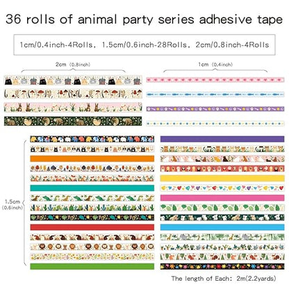 36 Rolls Animal Theme Washi Tape Set, Colorful Cute Adorable Animals Writable Decorative Tapes for Scrapbooking, Bible Journaling, Bullet Journaling, 0.6"x79" per Roll