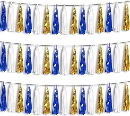 3P Navy-Blue White-Gold Foil Fringe Metallic Tassel-Garland, Tassels Banner Streamers for Parade Floats, Bachelorette, Wedding, Birthday, Halloween, Christmas, Bridal/Baby Shower Party Decorations