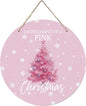 CGBHW Pink Christmas Tree Wooden Sign, Winter Holiday Theme Hanging Sign Wall Decor for Girls Room Home College, Aesthetic Christmas Xmas Snowflake Door Decor 12 x 6 Inch