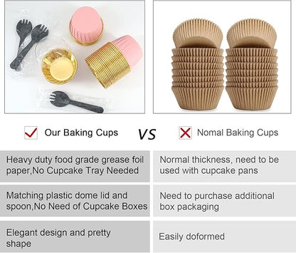 Cupcake Liners for Baking 100Pack,Free-Air 3.5Oz Foil Baking Cups with Dome Lids,Disposable Muffin Tins Muffin Cups for Wedding Birthday Party, with Spoons-Pink in gold