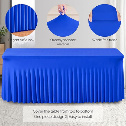 Wish Care 6 Pack Royal Blue Spandex Table Clothes for 6 Foot Rectangle Tables, 6FT Wrinkle Free Fitted Tablecloths Ruffles Design Table Cloth for Party, Banquet, Wedding and Events