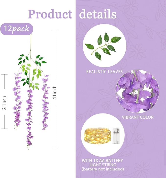 12 Pack Light Purple Wisteria Hanging Flowers Garland with Lights, 3.44 Feet Artificial Flower Vines, Fake Wisteria, Artificial Vines Hanging Garland for Backdrop Outdoor Patio Garden Decor