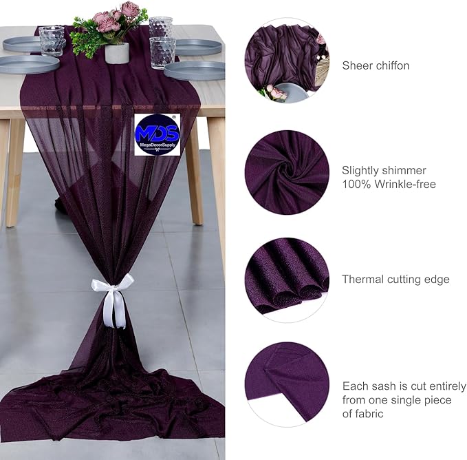MDS Halloween Chiffon Table Runner - 5 Pack, 29 x 170 Inches, 14ft Each - Sheer Spooky Table Runners for Haunted House Parties, Trick-or-Treat Tables, Witchy Décor, Wedding & Events - Eggplant