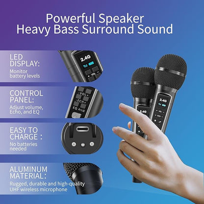 Karaoke Machine for Adults and Kids with 2 UHF Wireless Microphones,Portable Bluetooth Speaker PA Speaker System with LED Party Lights for Home Party, Picnic,Car,Outdoor/Indoor/Birthday Gifts