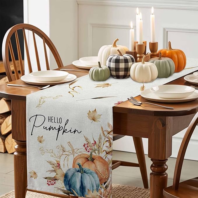 Fall Thanksgiving Cotton Linen Table Runner for Dining Kitchen, Orange Pumpkins Outdoor Party Autumn Tablerunners Decoration, Rustic Wheat Leaves Dresser Scarf Coffee Tablecloth Runners 13x72 Inches