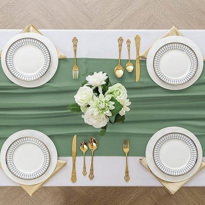 2 Pack 10 Ft Chiffon Table Runner Sage Green Gauze Long Table Runners 27x120 Inches Sheer Tulle Table Runner for Rustic Wedding Reception Bridal Shower Decorations Birthday Party