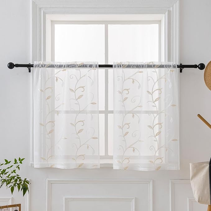 VISIONTEX White Sheer Voile Curtains, Decorative Leaves Embroidery Faux Linen Rod Pocket Window Drapes for Home Kitchen, Living Room and Bedroom 26 x 36 Inch, Set of 2 Curtain Panels