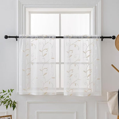 VISIONTEX White Sheer Voile Curtains, Decorative Leaves Embroidery Faux Linen Rod Pocket Window Drapes for Home Kitchen, Living Room and Bedroom 26 x 36 Inch, Set of 2 Curtain Panels