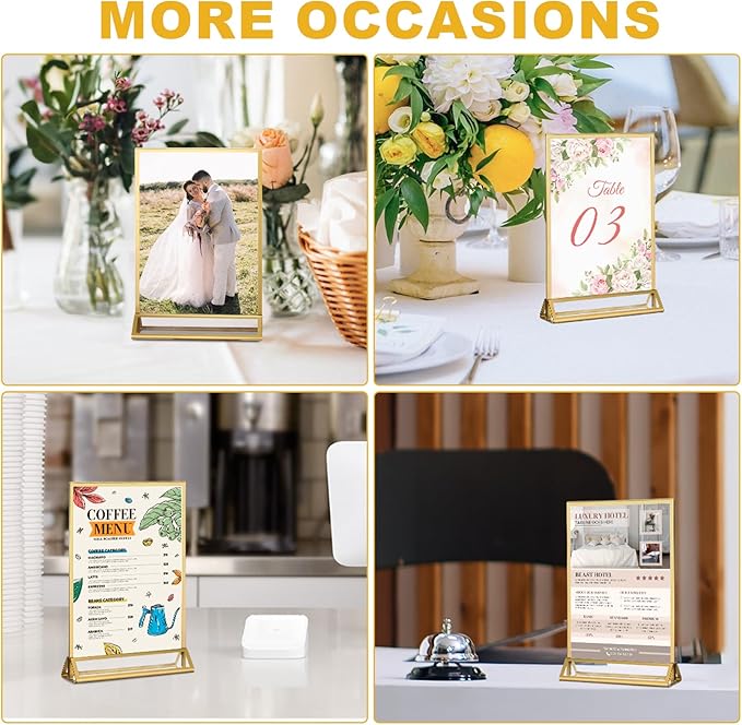 EHWINE 12 Pack Acrylic Sign Holder 5.5 x 8.5, Double Sided Gold Picture Frame Stand up Table Top Sign Holders, Clear Display Stand Menu Flyer Holder for Wedding Party