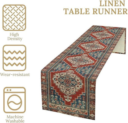 Boho Floral Vintage Table Runner, Red Blue Retro Flower Rustic Country Farmhouse Pattern for Home Kitchen Table Decor Dining Coffee Room Party Decor 13x108in