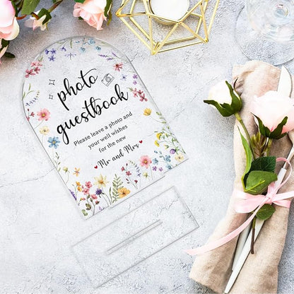 Wedding Sign Decor, Photo Guest Book Sign, Arch Acrylic Wedding Sign for Reception & Event, Bridal Shower Decorations, Wedding Table Sign Accessories for Anniversary And Event 5x7 Inch (Flower)