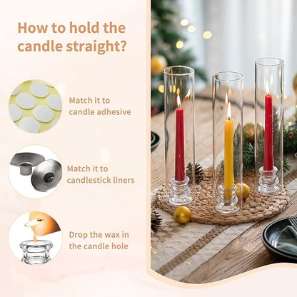 NUPTIO Taper Candle Holders Glass: Set of 2 Clear Hurricane Candlestick Holder - Fluted Candles Stick Stand with Tall Windproof Cylinder Cover for Thanksgiving Christmas Decor