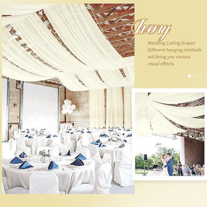 4 Panels Ivory Ceiling Drapes for Wedding 5ftx20ft Sheer Drapery Chiffon Fabric Arch Draping Curtains for Party Ceremony Birthday Baby Shower Reception Stage Ceiling Decorations
