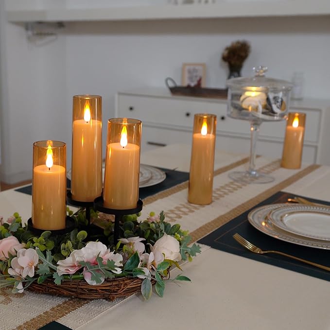 Amagic Flickering Flameless Candles, Battery Operated Candles, Amber Gold Acrylic LED Pillar Candles with Remote and Timer, 3D Wick, Yellow and Blue Glow, D2.2 xH5 5" 6" 7" 8", Set of 5
