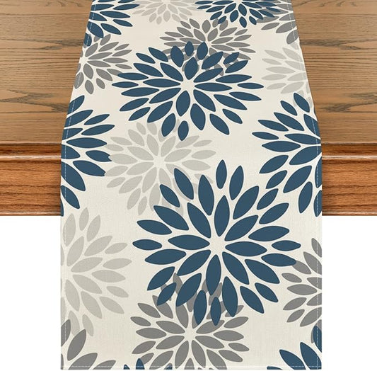 Artoid Mode Dahlia Aqua Floral Pinnata Flower Winter Table Runner, Seasonal Summer Holiday Kitchen Dining Table Decoration for Home Party Decor 13x36 Inch