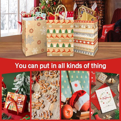 STPIYFZU Christmas Gift Bags, 25 Pack Small Christmas Gift Bags with Handles, Xmas Kraft Paper Bag Bulk with Tissue Paper, Xmas Holiday Present Bag (8.2" x 6" x 3.1")