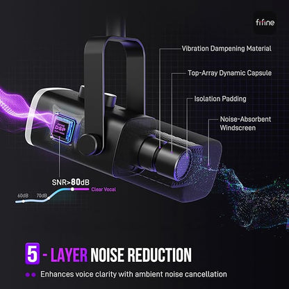 FIFINE XLR/USB Gaming Microphone Set, Dynamic PC Mic for Streaming Podcasting, Computer RGB Mic Kit with Boom Arm Stand, Mute Button, Headphones Jack, for Recording Vocal Voice-Over-AmpliGame AM8T