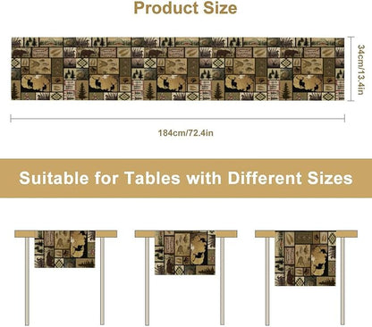 Vintage Deer Bear Table Runner, Fish Retro Farmhouse Cabin Lake Country Lodge Table Runner for Home Dinner Kitchen Living Room, 13x60 Inch