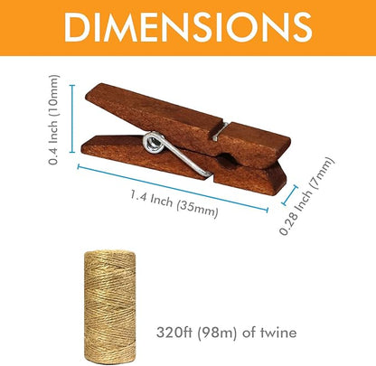 Mini Natural Wooden Clothespins with Jute Twine, 100pcs, 1.4 Inch Photo Paper Peg Pin Craft Clips with 320ft Natural Twine for Scrapbooking, Arts & Crafts, Hanging Photos (Rustic Brown)