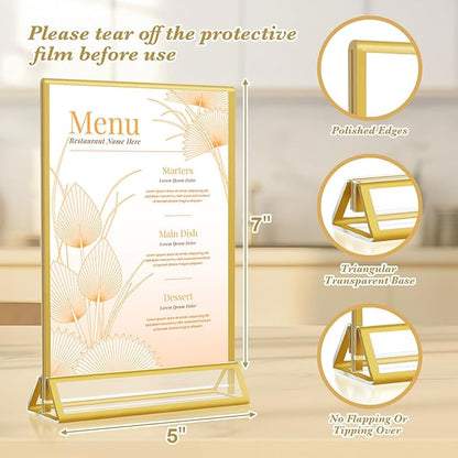 Gold Acrylic Sign Holder 5x7, 16 Pack Wedding Gold Frame Table Number Holders Vertical, Clear Picture Frames Flyer Stands Tables Menu Holder, Double Photo Paper Display Holder for Party, Home, Office