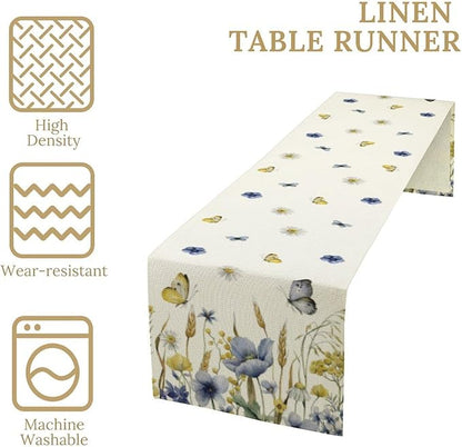 Floral Table Runner, Spring Watercolor Flower Plants Nature Butterfly Table Runner for Kitchen Dinner Living Room Home Party, 13x120 Inch