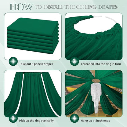 6 Panels Emerald Green Ceiling Drapes for Wedding 5ftx20ft Chiffon Fabric Arch Draping Curtains Sheer Drapery for Party Ceremony Birthday Baby Shower Reception Stage Swag Ceiling Decorations