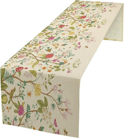 Floral Table Runner, Vintage Birds Wildflowers Herbs Nature Theme Linen Long Table Kitchen Dining Table Holiday Party Decorative Table Runner,13in（33cm） W * 72in（184cm） L