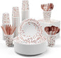 White and Rose Gold Party Supplies - 350 PCS Disposable Dinnerware Set - White Paper Plates Napkins Cups, Gold Plastic Forks Knives Spoon for Graduation, Birthday, Cocktail Party
