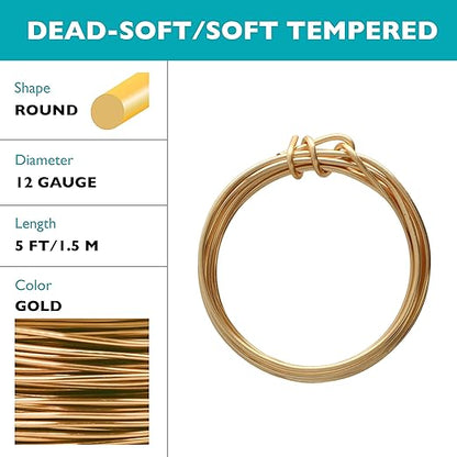 The Beadsmith Wire Elements Craft Wire – Tarnish Resistant, Soft Temper, Round, Gold Color – 2.0mm, 12 Gauge, 5 Foot Spool – Jewelry Making, Wire Wrapping, Floral, & Other DIY Crafts
