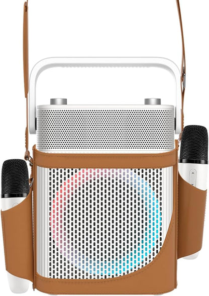 Karaoke Machine with 2 UHF Wireless Microphones with Leather Bag, IPX4 Waterproof Portable Bluetooth Speaker with Lights for Adults, Outdoor Karaoke Speaker Support Bluetooth/AUX/USB/PC (White)