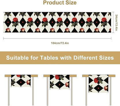 Vintage Rose Table Runner, Red Rose Hearts Black White Checkered Background Table Runner for Kitchen Dinning Table Runner Decor Home Wedding Party Holiday, 13x120 Inch