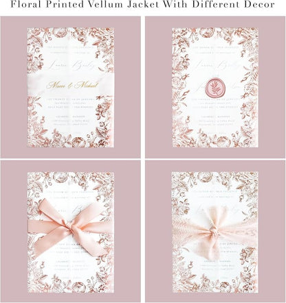 PONATIA 50 PCS Vellum Jackets for 5x7 Wedding Invitation Cards- 135gsm Floral Printed Vellum Sleeves, Invitation Cards Wraps (Rose Gold Foil)