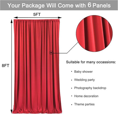 Outpain 30 ft x 8 ft Red Backdrop Curtain Panels, 6 Panels 5 ft x 8 ft Wrinkle Free Polyester Photography Backdrop Drapes, Wedding Party Home Decoration Supplies