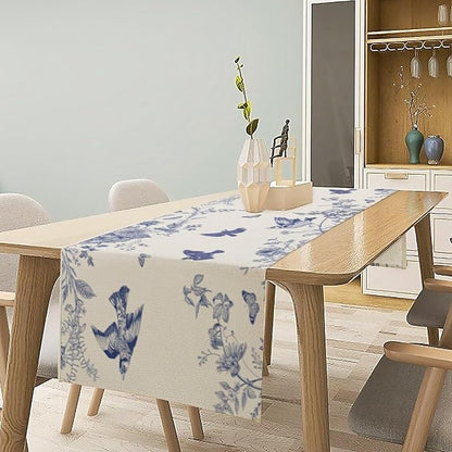 Monochrome Sketch Flowers Bird Table Runner, Seasonal Spring Fall Plants Blue Florals Dinner Runner for Home Kitchen Dining Table Party Holiday Decoration 13"x36"