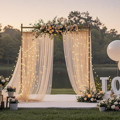 10×10ft Tulle Backdrop Curtains with Lights String - 300LED Fairy Lights Sheer Curtain Backdrop for Weddings Baby Shower and Birthday Party Decorations(4 Panels 5×10ft)