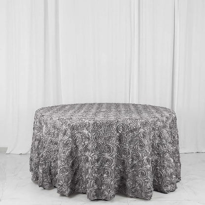 Efavormart 120" Wholesale Round Table Cover Silver Grandiose Rosette 3D Satin Tablecloth for Wedding Party Event Decoration