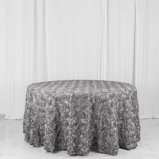 Efavormart 120" Wholesale Round Table Cover Silver Grandiose Rosette 3D Satin Tablecloth for Wedding Party Event Decoration