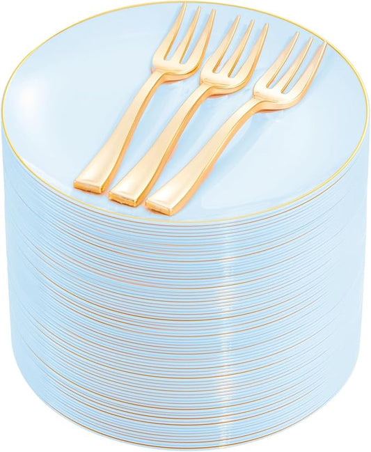 Festiva 200Pcs Blue Gold Cake Plates 6.3" with Plastic Forks 5"- Disposable Blue Dessert/Appetizer/Salad Plates- serve 100 guests for Party&Wedding&Easter