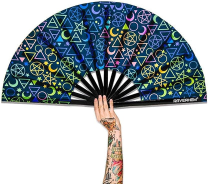 UV Glow Rave Fan, Bamboo Folding Clack Hand Fans Foldable for Men Women, Boots on the Ground Poping Fan for EDM Festival Line Dance Decoration, (Alchemical Signs, Large 13")