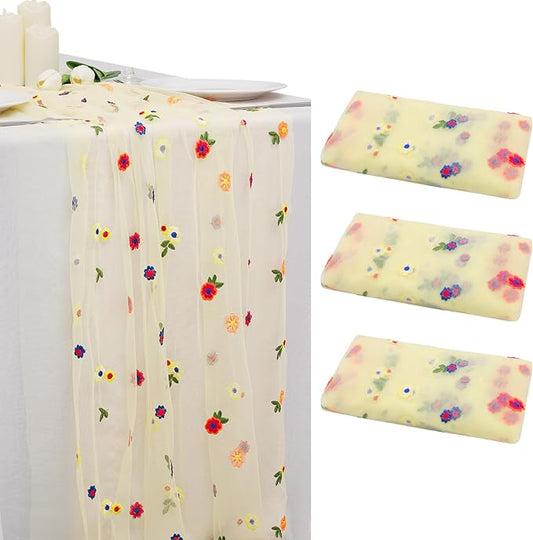 BINBE 3pcs Daisy Fall Table Runner Embroidery Gauze 10FT Florals Seasonal Tulle Holiday Birthday Kitchen Dining Table Decor for Home Party Yellow
